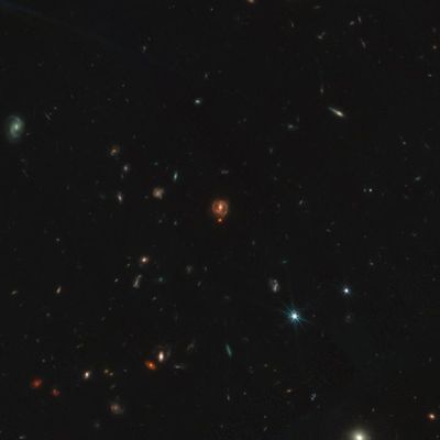 a picture of the deep universe. underneath a red spiral galaxy, a small featureless red dot is visible.