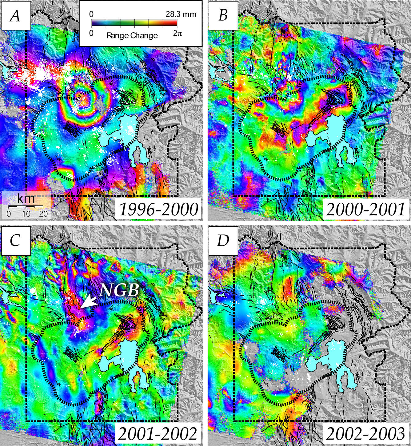 Four radar interferograms (InSAR data) superimposed on digital terrain showing surface movement at Norris Geyser Basin and Yellowstone Caldera from 1996 to 2003. Four radar interferograms (InSAR data) superimposed on digital terrain showing surface movement at Norris Geyser Basin and Yellowstone Caldera from 1996 to 2003.