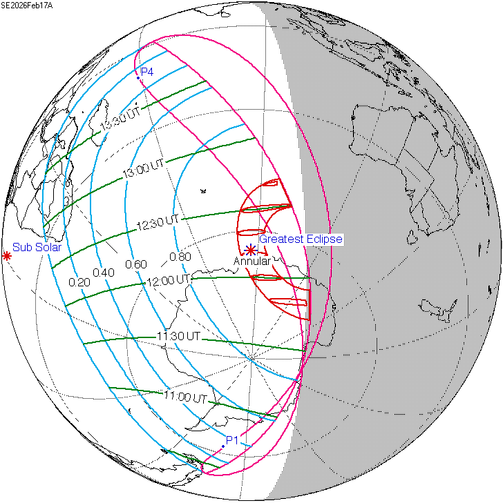 Map of Earth's South Pole, showing the path of the solar eclipse in February 2026.