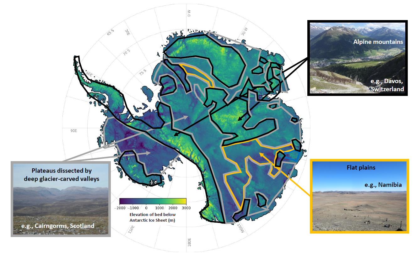 A map from the new research illustrating Antarctica's subglacial landscape with comparative examples. A map from the new research illustrating Antarctica's subglacial landscape with comparative examples.