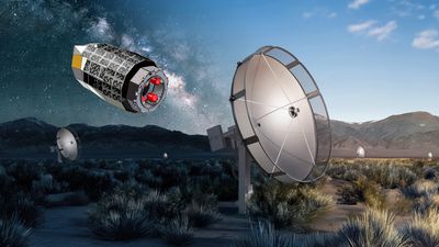 a artist impression of the space telescope enormous in the sky, over a render of the radio antennae of the DSA.