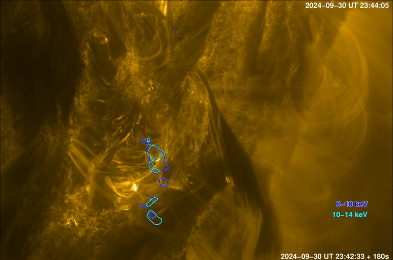 A GIF showing a close-up image of the Sun's surface, with mottled dark black and bright yellow patches. Yellow arches and streaks of light give an impression of the Sun being very active. Dark blue, light blue, green, yellow and red contour lines indicate X-ray emission of increasing energy. A GIF showing a close-up image of the Sun's surface, with mottled dark black and bright yellow patches. Yellow arches and streaks of light give an impression of the Sun being very active. Dark blue, light blue, green, yellow and red contour lines indicate X-ray emission of increasing energy.