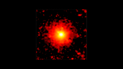 the emission is roughly circucilar and fairly pixelated but it shows an significant region around a bright center, the cometary nucleus.