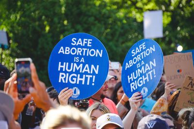 WASHINGTON D.C., USA - June 24, 2022: Pro-choice demonstrators gather in front of the Supreme Court to protest the Dobbs v. Jackson decision released today.