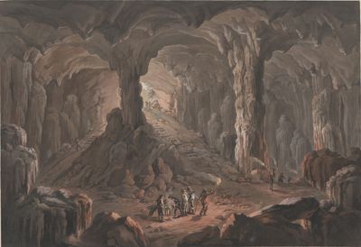 An illustration of Vilenica Cave drawn in the early 19th century.