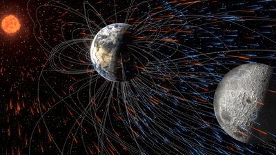 the sun is in the distance sending out red solar wind. The earth has a messy magnetic field and it is in the middle ground sending out atmosphere. And the moon in the foreground is getting slammed by atmosphere and solar wind.