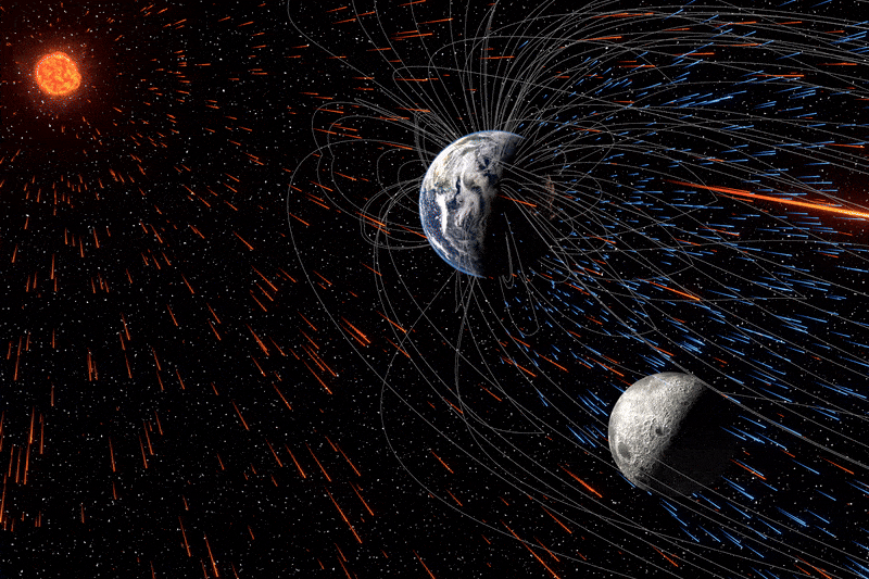 an animated version of the main image, showing the moon getting to the stream of particles bheind the Earth.