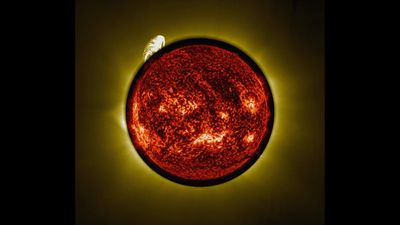 Against a dark background, the Sun’s disc is shown in dark orange, as captured by NASA’s Solar Dynamics Observatory. A thin halo of yellow light surrounds the Sun, giving it a luminous outline against the dark background of space. This yellow outline shows the Sun’s inner corona, as captured by Proba-3. Also in yellow a large proinence has just emerged from the solar disc.