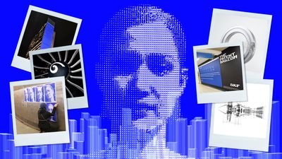 blue, pixellated image of a woman's face overlaid on a cityscape, with columns of three polaroid-style photos on either side of the face