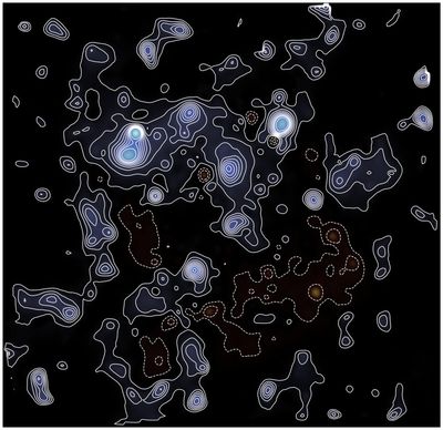 the image shows many contours showing where the dark matter is distributed. As it's a projectiorn dark matter loosk like its in little islands and archipelagos.