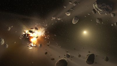 artist impression of asteroids smashing into each other