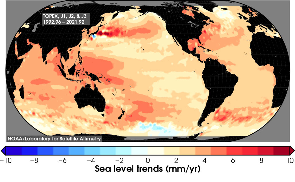 Satellite data shows that sea level rise is also not uniform across the global ocean.