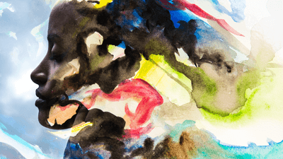 illustration of woman, head fades into abstract colors