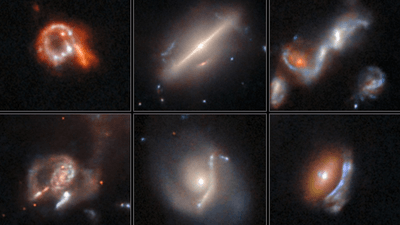 Anomalies in Hubble Telescope data: three gravitational lenses, one ring galaxy, one galaxy merger, and one unknown object.