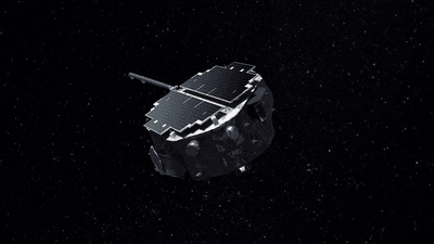 The IMAP spacecraft as imagined by an artist, it appears as a flat wide cylinder with instruments around its side, and a boom extending like a tail.