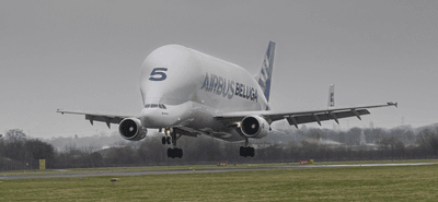 Airbus BelugaST lands under the grey UK skies on January 29, 2026. Image credit: Airbus