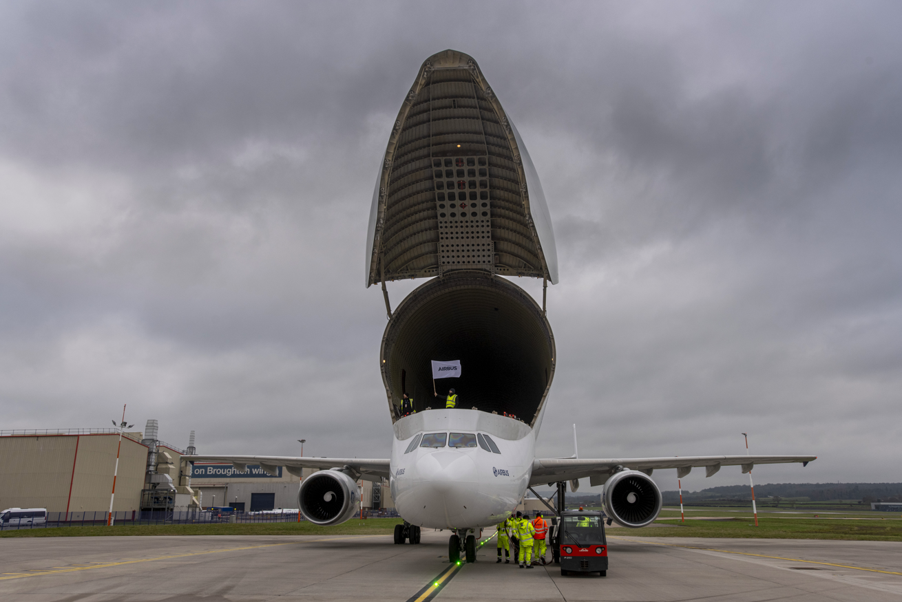 BelugaST 5 lifts up its cargo hold after landed on January 29, 2026, at Broughton in North Wales. BelugaST 5 lifts up its cargo hold after landed on January 29, 2026, at Broughton in North Wales.