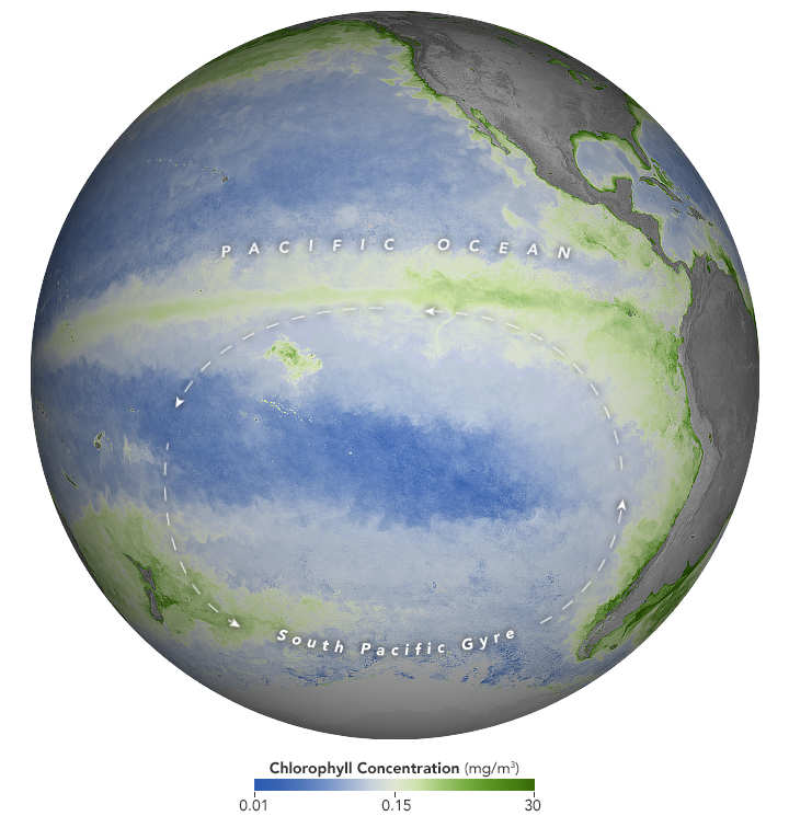 Satellite data from September 2017 showing chlorophyll concentrations in the sea in the south Pacific OCean.