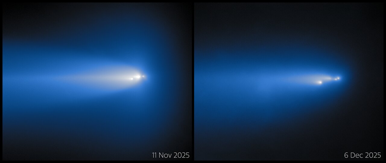 A side-by-side show of Comet C/2025 K1 (ATLAS) on 11 November and 6 December 2025. A side-by-side show of Comet C/2025 K1 (ATLAS) on 11 November and 6 December 2025.