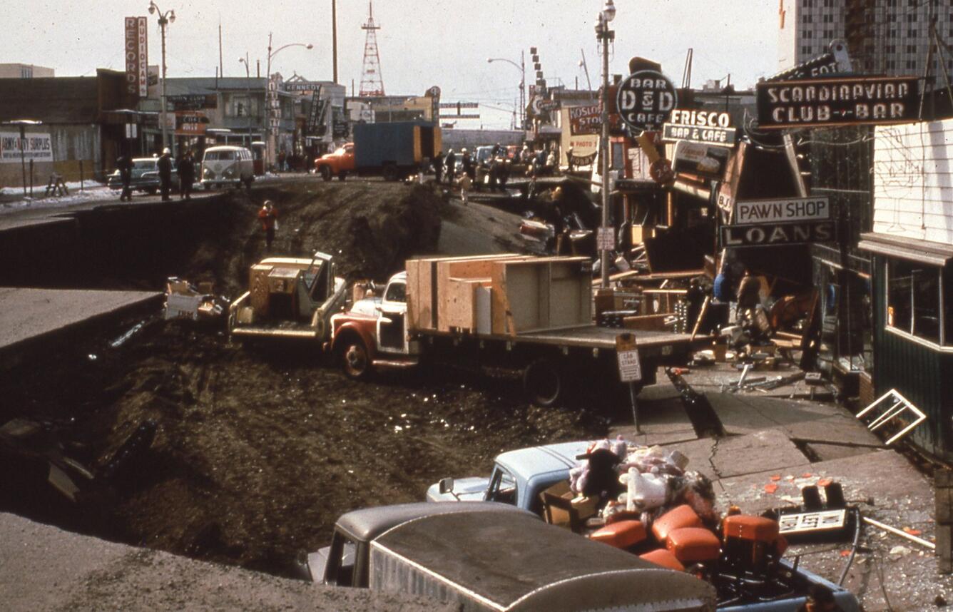 Destruction of the 1964 Alaska earthquake in downtown Anchorage. Destruction of the 1964 Alaska earthquake in downtown Anchorage.