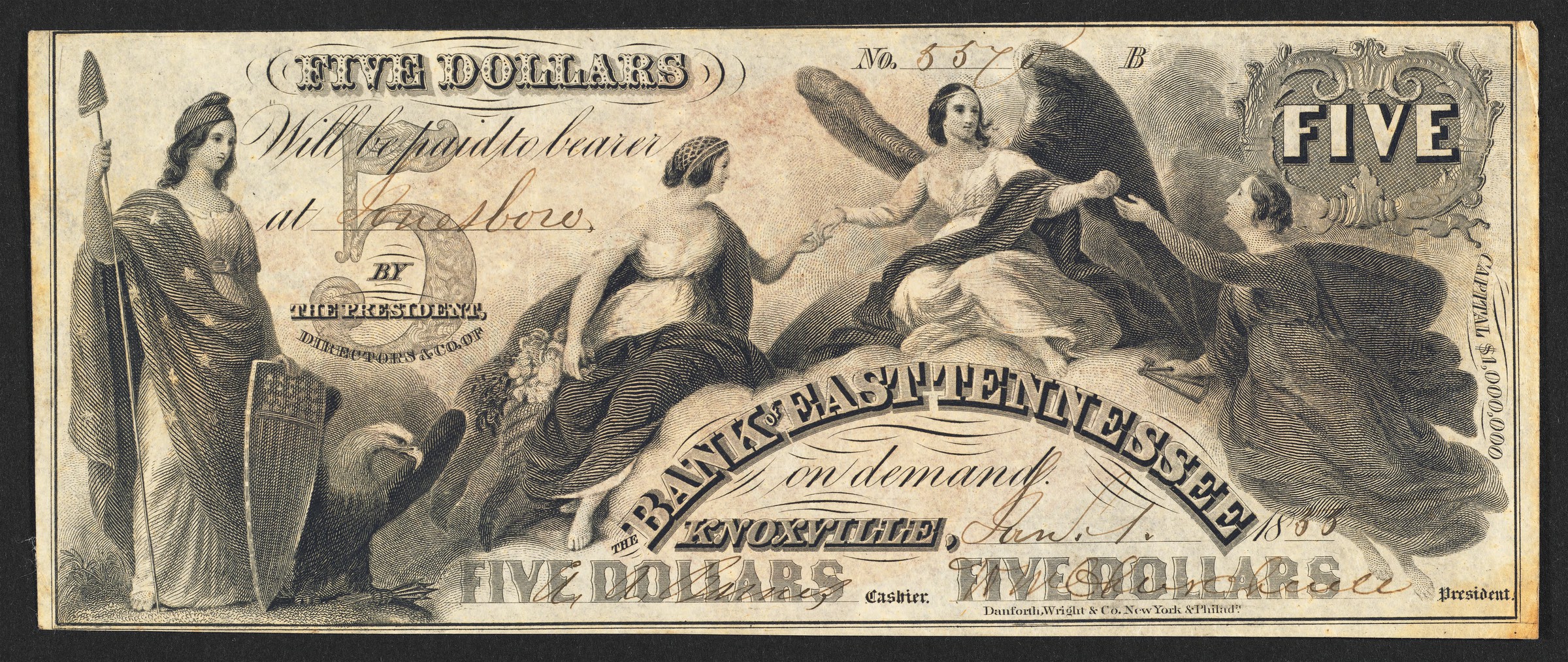 Five dollars distributed by the Bank of East Tennessee