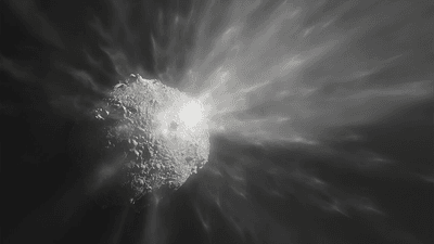 Artist impression of NASA's DART mission impacting Dimorphos, causing debris.