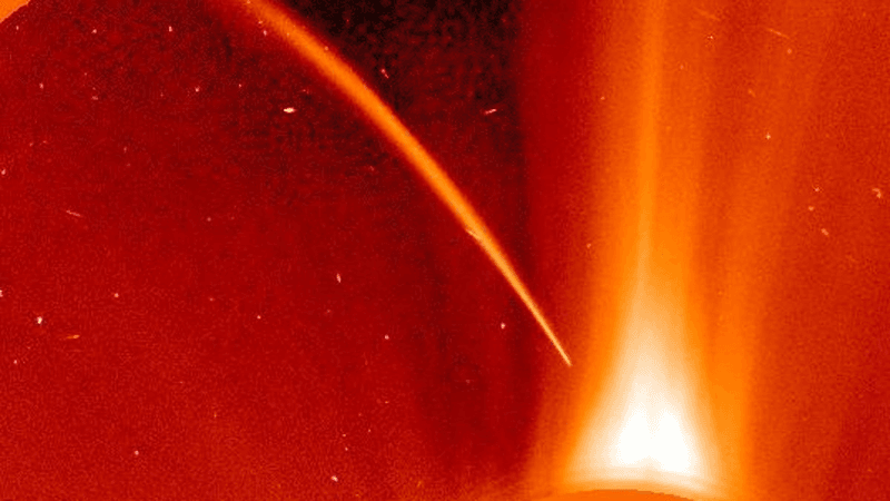 a curved and long tailed comet seeing approaching the Sun which is out of frame.