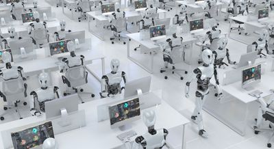 Many identical clone robots work in the office sitting at desks with computers. Future concept without people with smart robotics and artificial intelligence. 3D rendering
