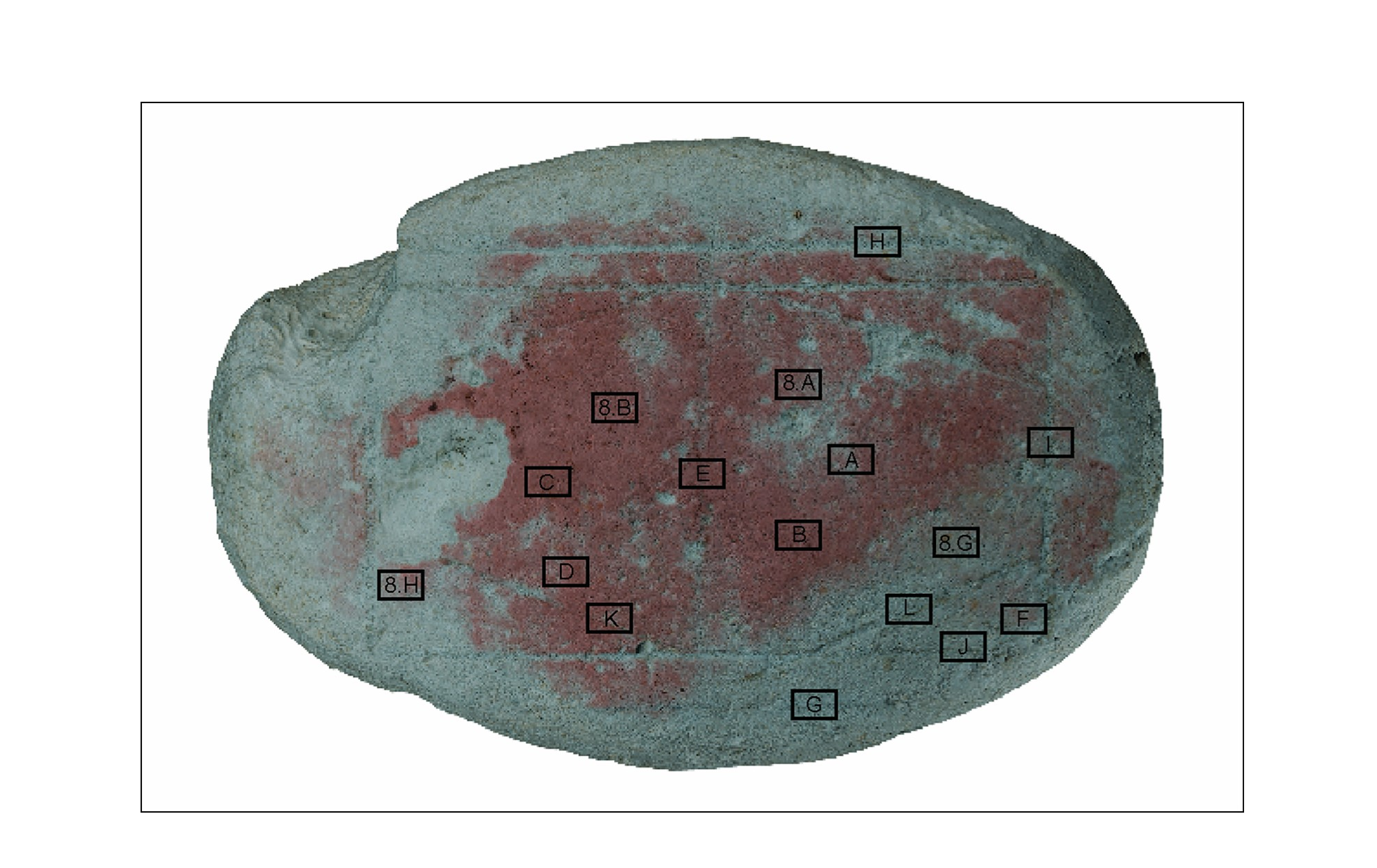 Carte de profondeur superposée à l'image en couleurs réelles de la pierre. Les tons rougeâtres indiquent une topographie de surface plus élevée 