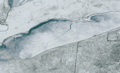 Satellite imagery shows the crack occurring across Lake Erie between 14:00 and 18:00 UTC on February 8, 2026.