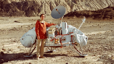 A model of NASA's Viking lander, with a Carl Sagan for scale.