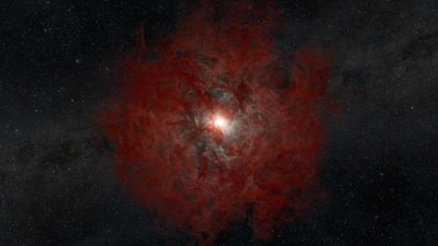 An illustration of a star that collapsed, forming a black hole. The black hole is at the center, unseen. Surrounding it is a dust shell moving away from the black hole and gas being pulled toward it.