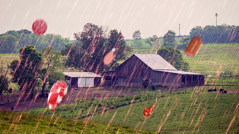 A photo showing a small farm house and barn situated in some fields. The photo has red streaks of rain falling across it with some large chunks of meat added to the downpour.