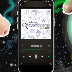 A smartphone showing an episide of IFLScience's We Have Questions podcast about what other worlds in space smell like