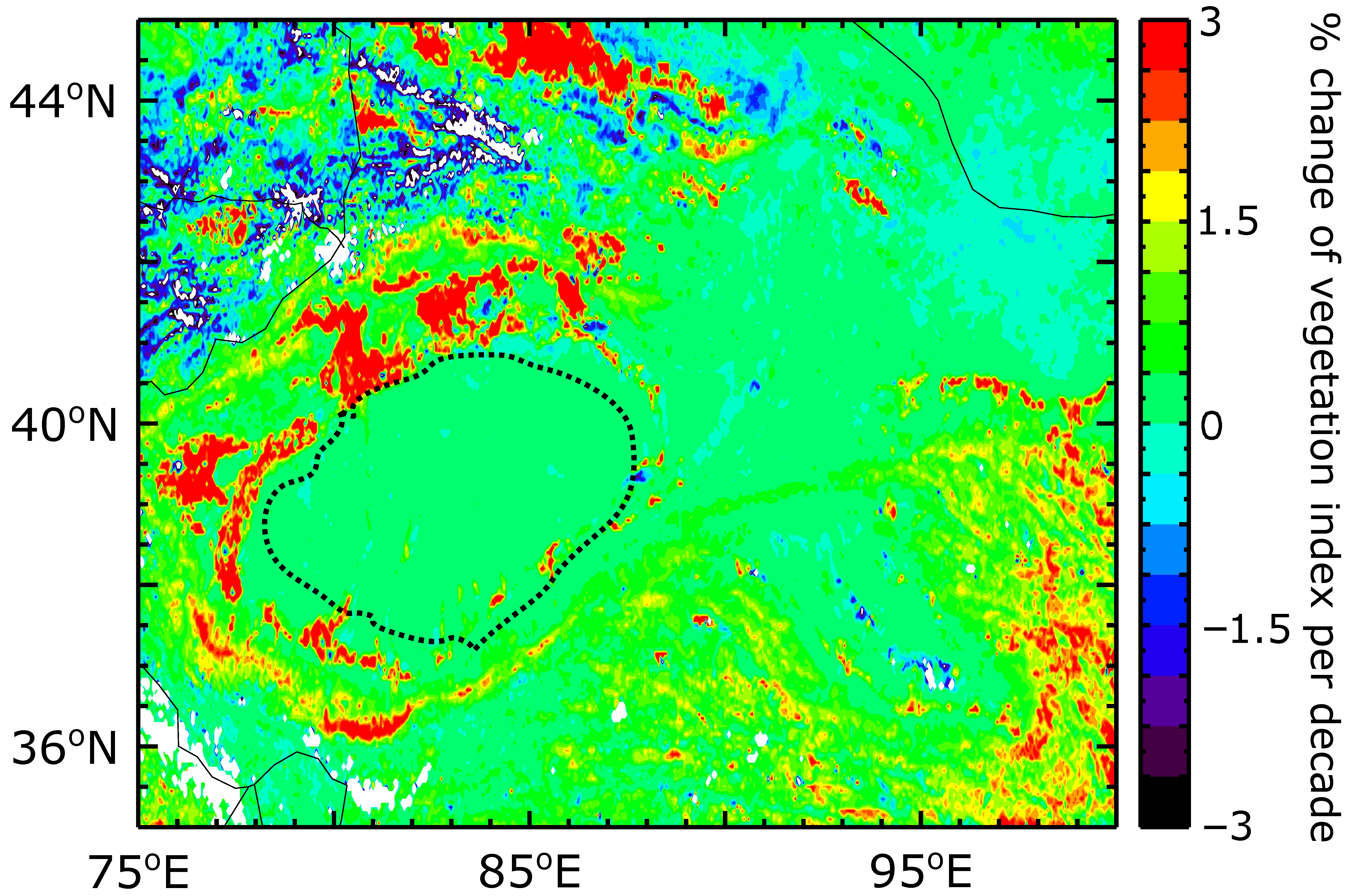 Black dotted lines outline the Taklamakan desert, and red areas show the increase in vegetation per year since the reforestation project began.