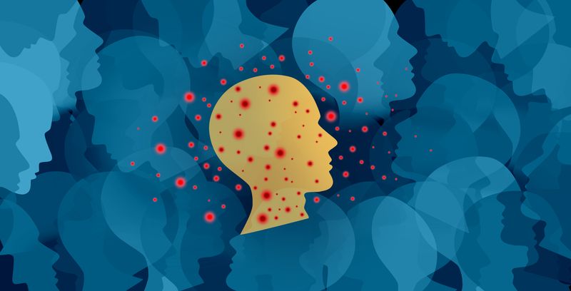 illustration of blue faces with one yellow face in the middle emitting red virus particles