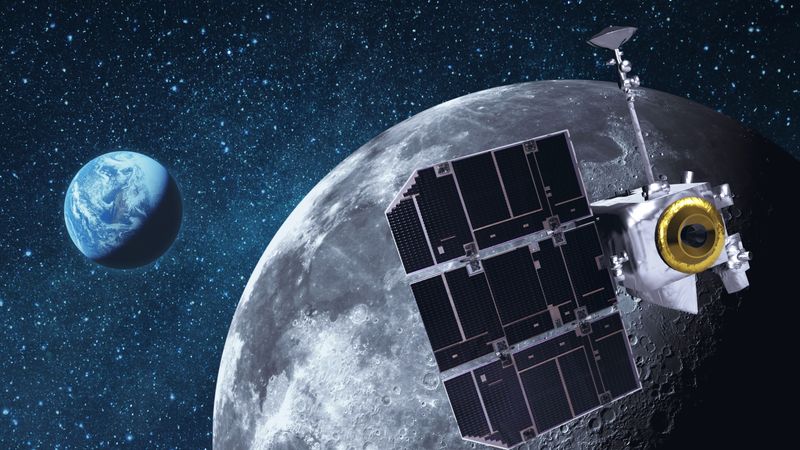 artist impression of a spacecraft around the Moon, with the Earth in the background