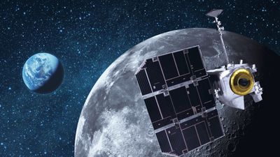 artist impression of a spacecraft around the Moon, with the Earth in the background