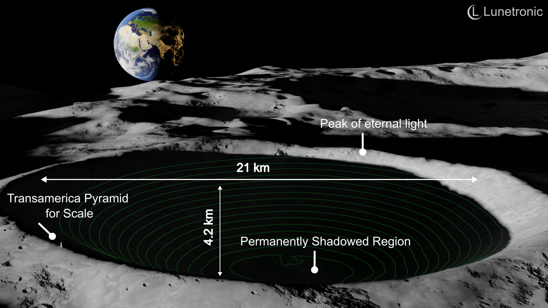 Seeing into the shadown of crater on the Moon with Earth in the distance