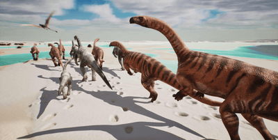 Artist's reconstruction of a herd of prosauropods creating a what is now a rich trackway in the Alps