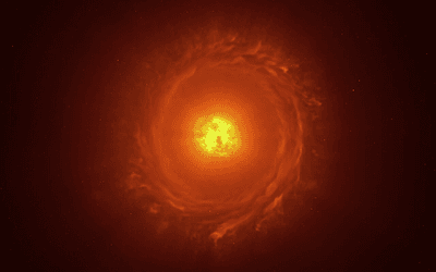 An artist's impression of WOH G64, one of the largest known stars, trapped with a partner inside a donut-shaped cloud of dust