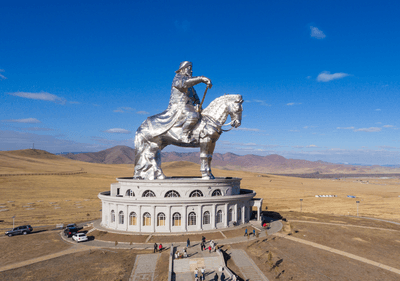 Aerial drone photography of Genghis Khan, view of The Genghis Khan Statue on horseback, at Tsonjin Boldogeast of the Mongolian capital Ulaanbaatar