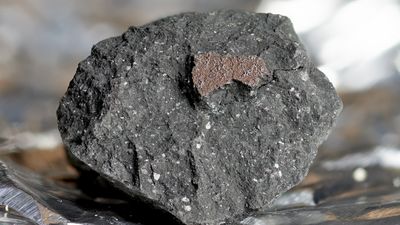 A close-up of a fragment of the Winchcombe meteorite.