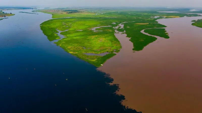 At the confluence of the Fimi and Kasai rivers in the Democratic Republic of Congo, dark water from forest landscapes meets water from the savannahs, colored red by iron oxides.  