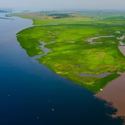At the confluence of the Fimi and Kasai rivers in the Democratic Republic of Congo, dark water from forest landscapes meets water from the savannahs, colored red by iron oxides.  