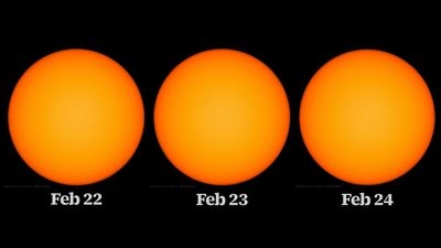 Three images of the Sun across three days showing no sunspots.