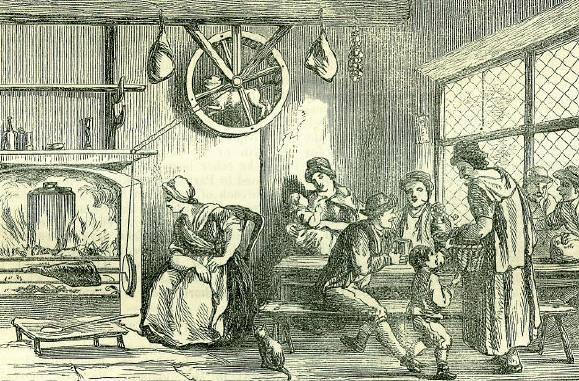 black and white illustration of a kitchen scene, with a turnspit dog visible in a wheel suspended high on the wall black and white illustration of a kitchen scene, with a turnspit dog visible in a wheel suspended high on the wall