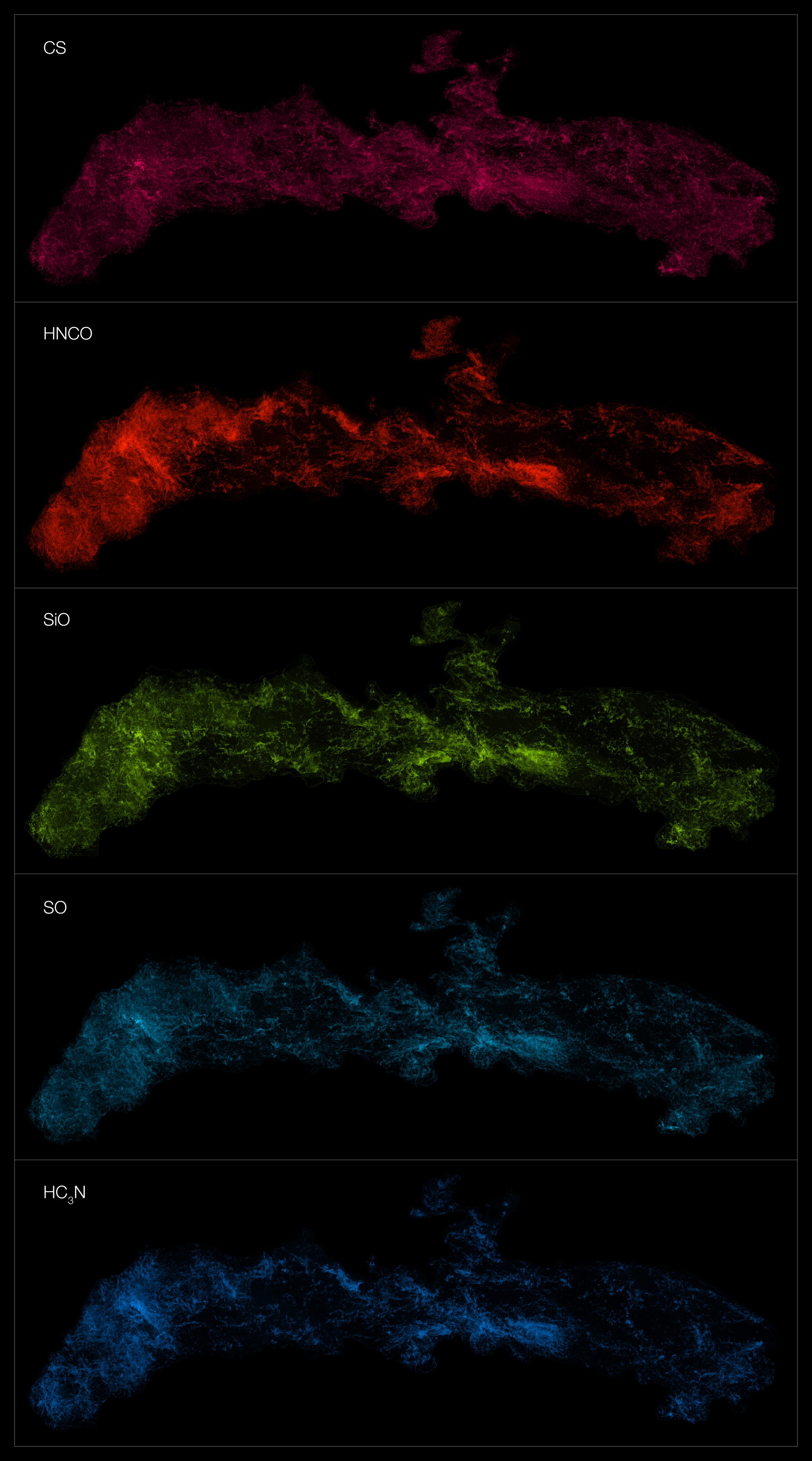 The CMZ as imaged at the wavelengths at which five molecules radiate. From top to bottom: carbon monosulphide, isocyanic acid, silicon monoxide, sulphur monoxide, and cyanoacetylene The CMZ as imaged at the wavelengths at which five molecules radiate. From top to bottom: carbon monosulphide, isocyanic acid, silicon monoxide, sulphur monoxide, and cyanoacetylene