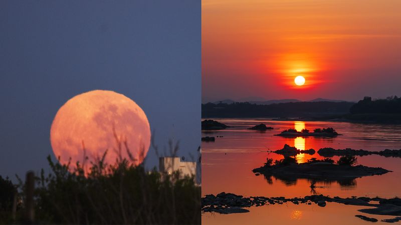 two images side by side. One is the eclipsed blood moon setting, and the other is the sun rising.