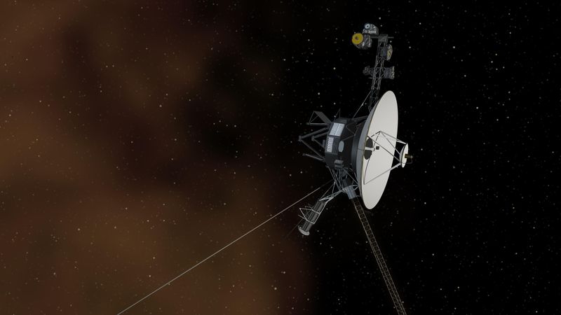 artist impression of the voyuager spacecraft iwht its wide radio disk and boom instruments in space
